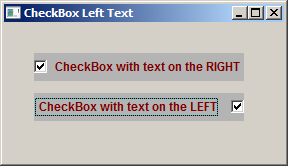 New User command:<br />SET LEFTJUSTIFY OF &lt;Form_Name&gt; CHECKBOX &lt;Check_Name&gt;