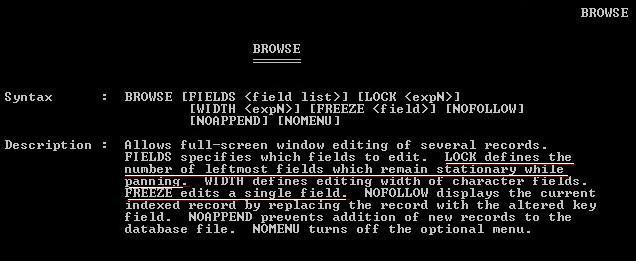 Help page for BROWSE of dBase